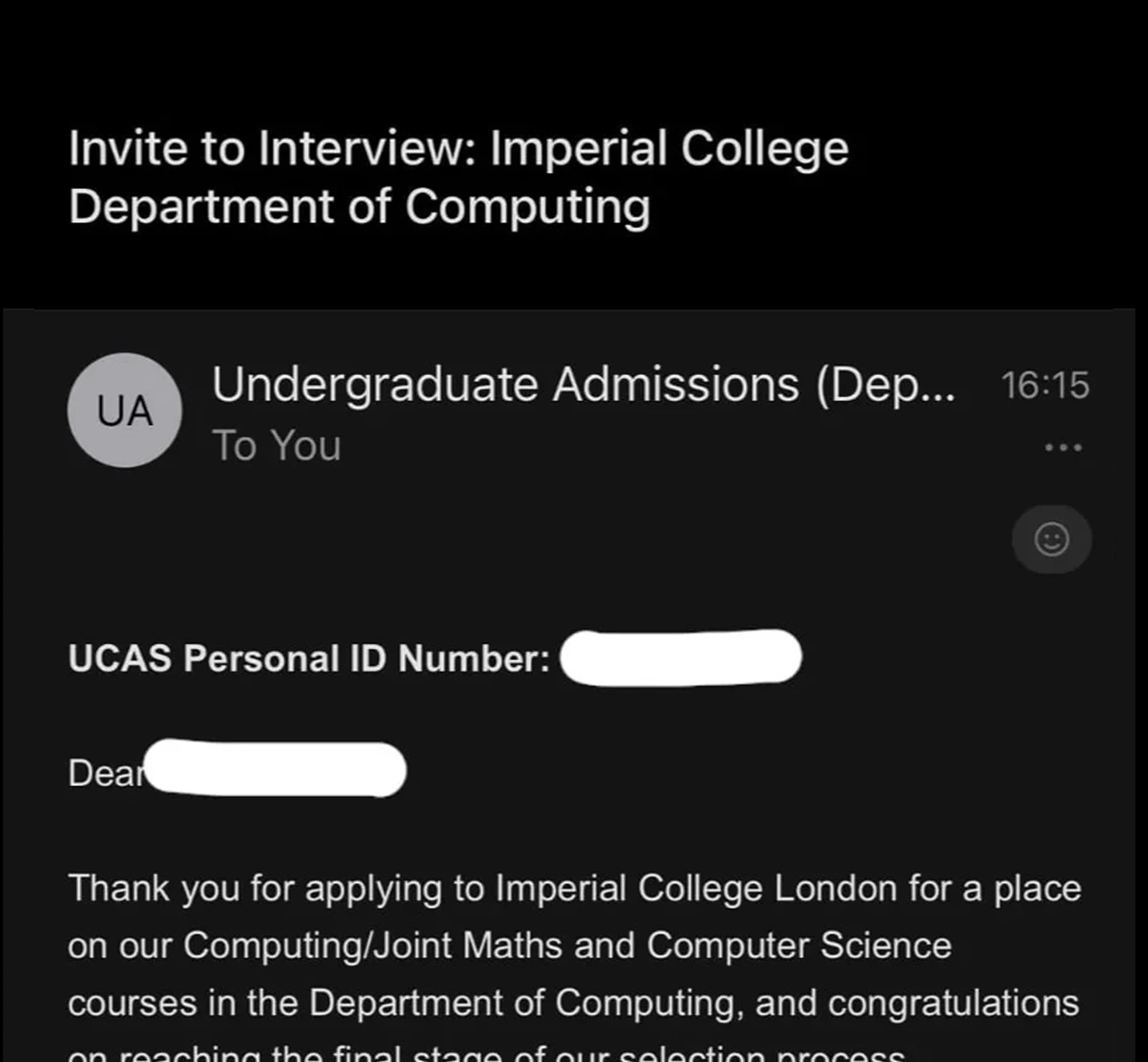 Imperial College London Department of Computing interview invitation email