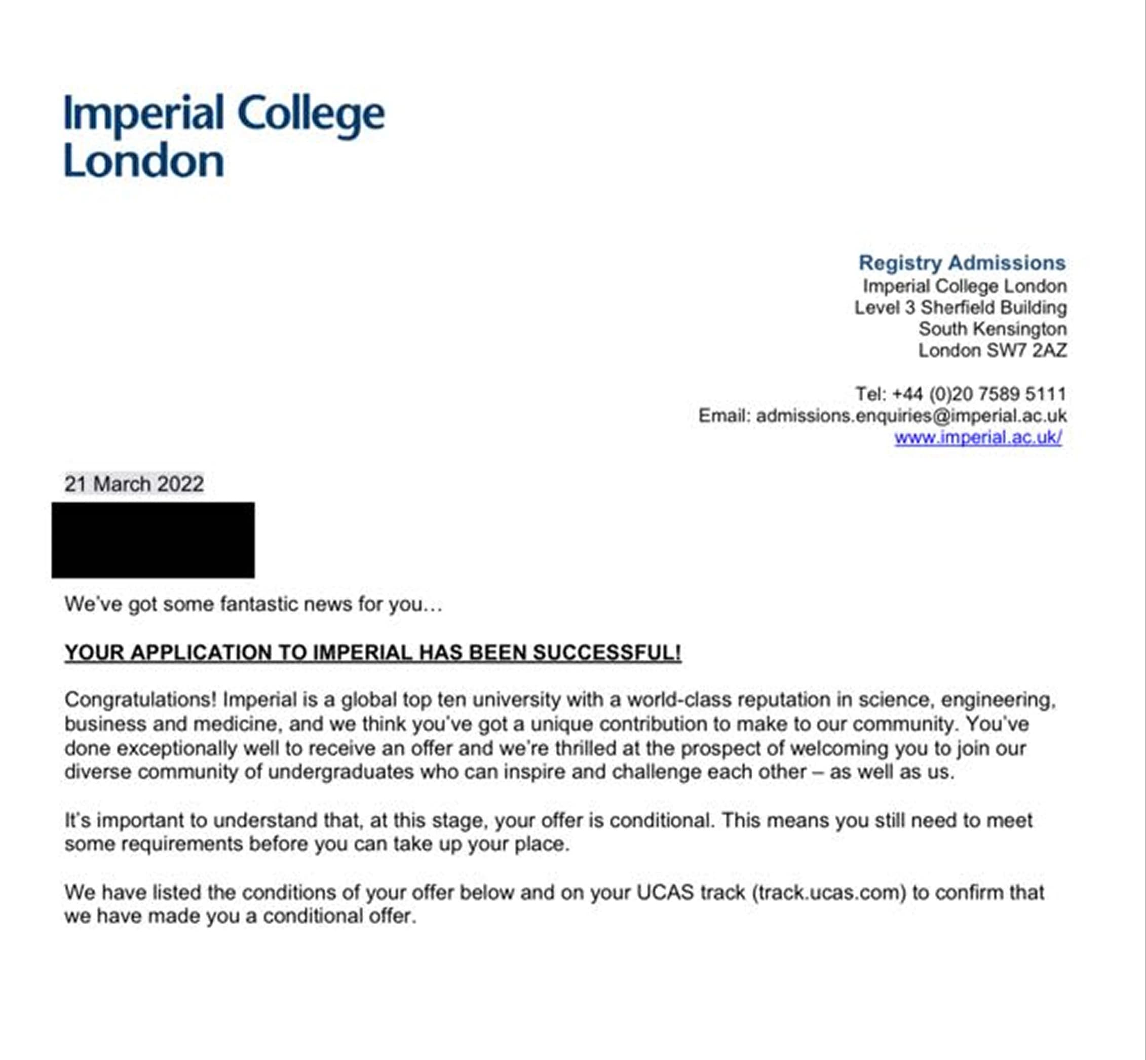 University admissions offer on UCAS Track